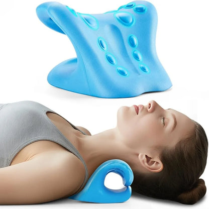 CerviEase Neck Cloud cervical traction pillow in blue — side profile showing ergonomic curve